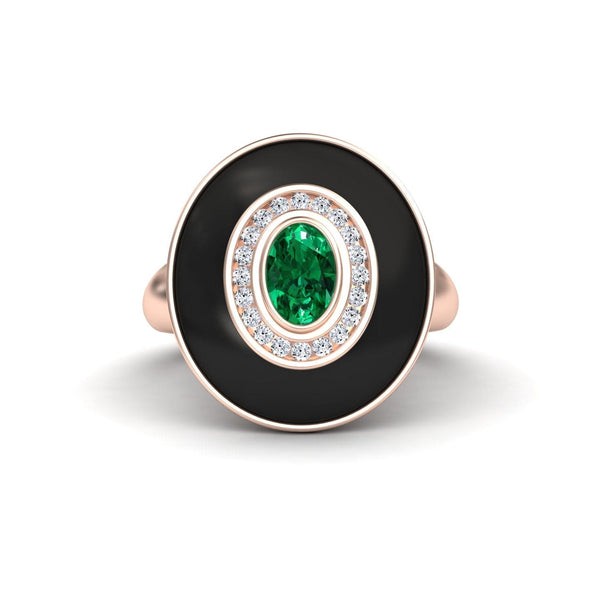0.48-carat Emerald & Diamond Black Enamel Halo Ring in 14K rose gold, Camille style, front view