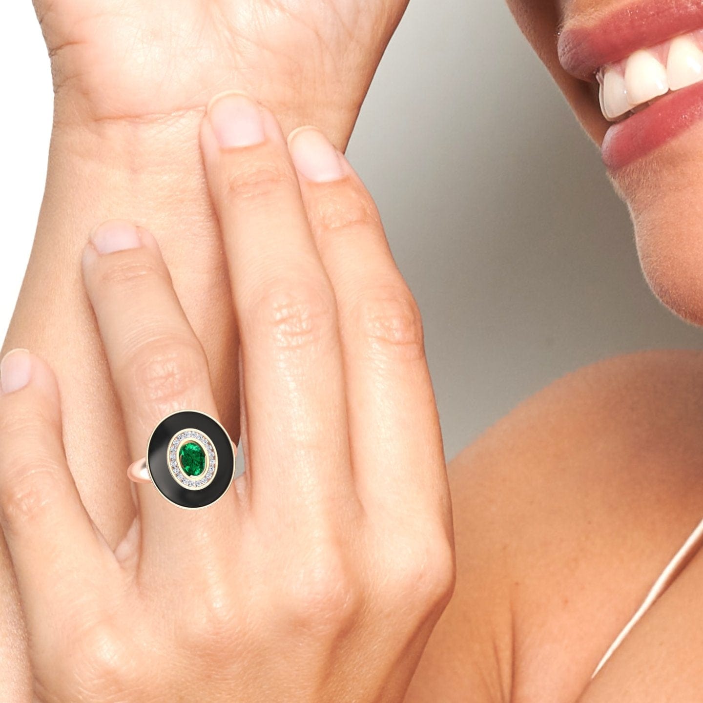 0.48-carat Emerald & Diamond Black Enamel Halo Ring in 14K rose gold, Camille style, hand second view