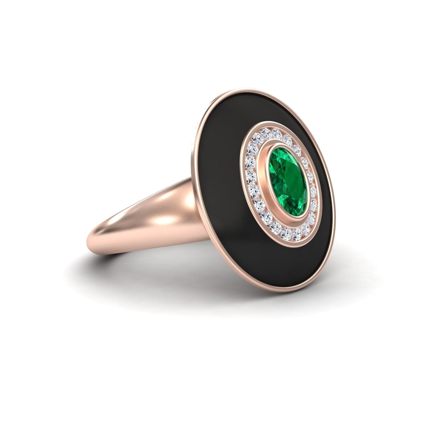 0.48-carat Emerald & Diamond Black Enamel Halo Ring in 14K rose gold, Camille style, side slant view