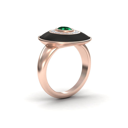 0.48-carat Emerald & Diamond Black Enamel Halo Ring in 14K rose gold, Camille style, side view