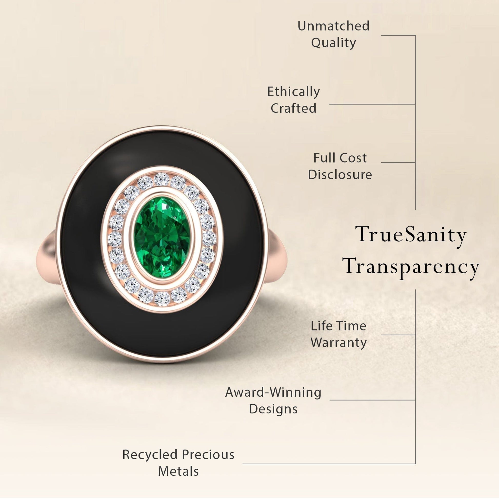 0.48-carat Emerald & Diamond Black Enamel Halo Ring in 14K rose gold, Camille style, transparency view