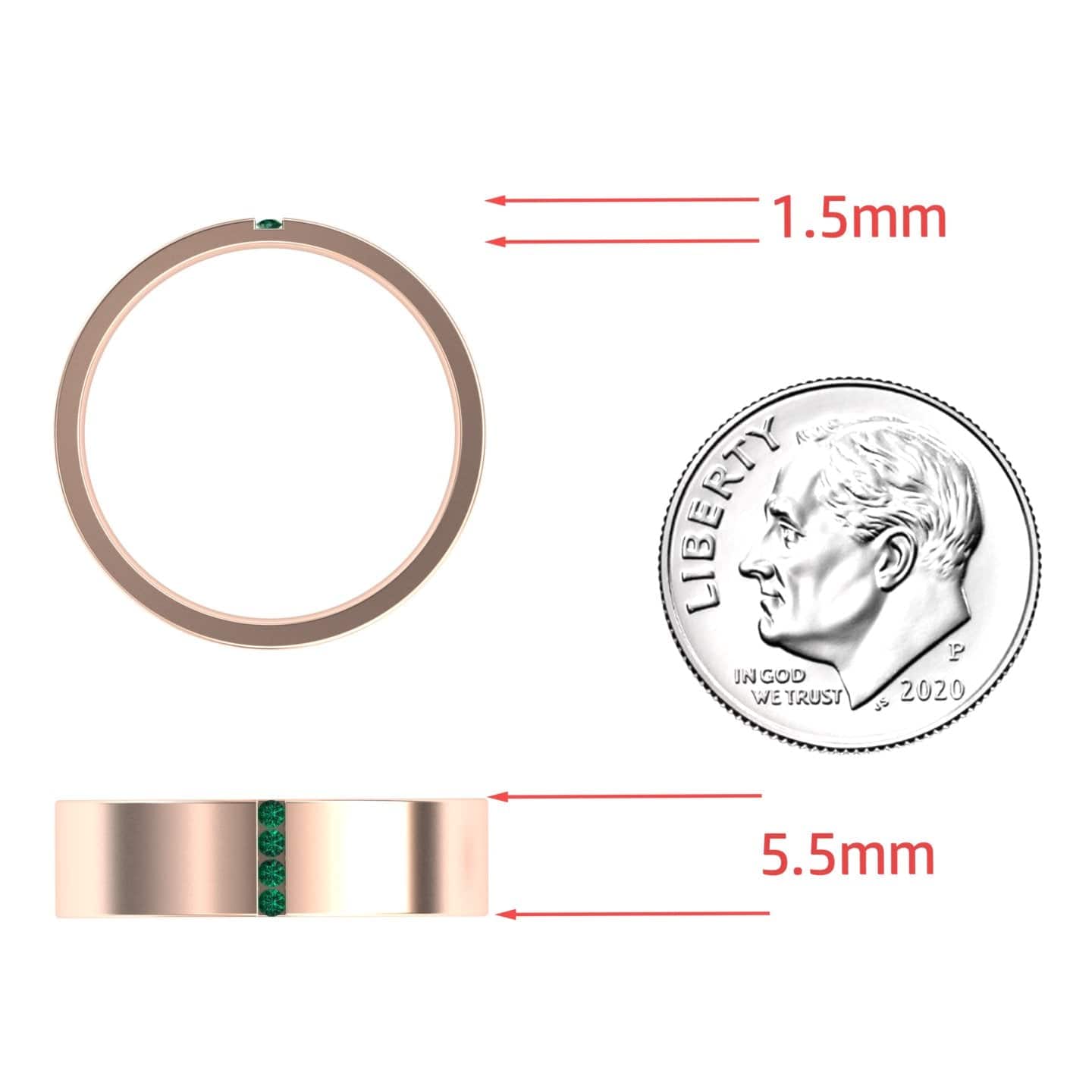 0.04-carat Men's 5.5mm Emerald Wedding Ring in 14K Rose gold, Chase style, coin view