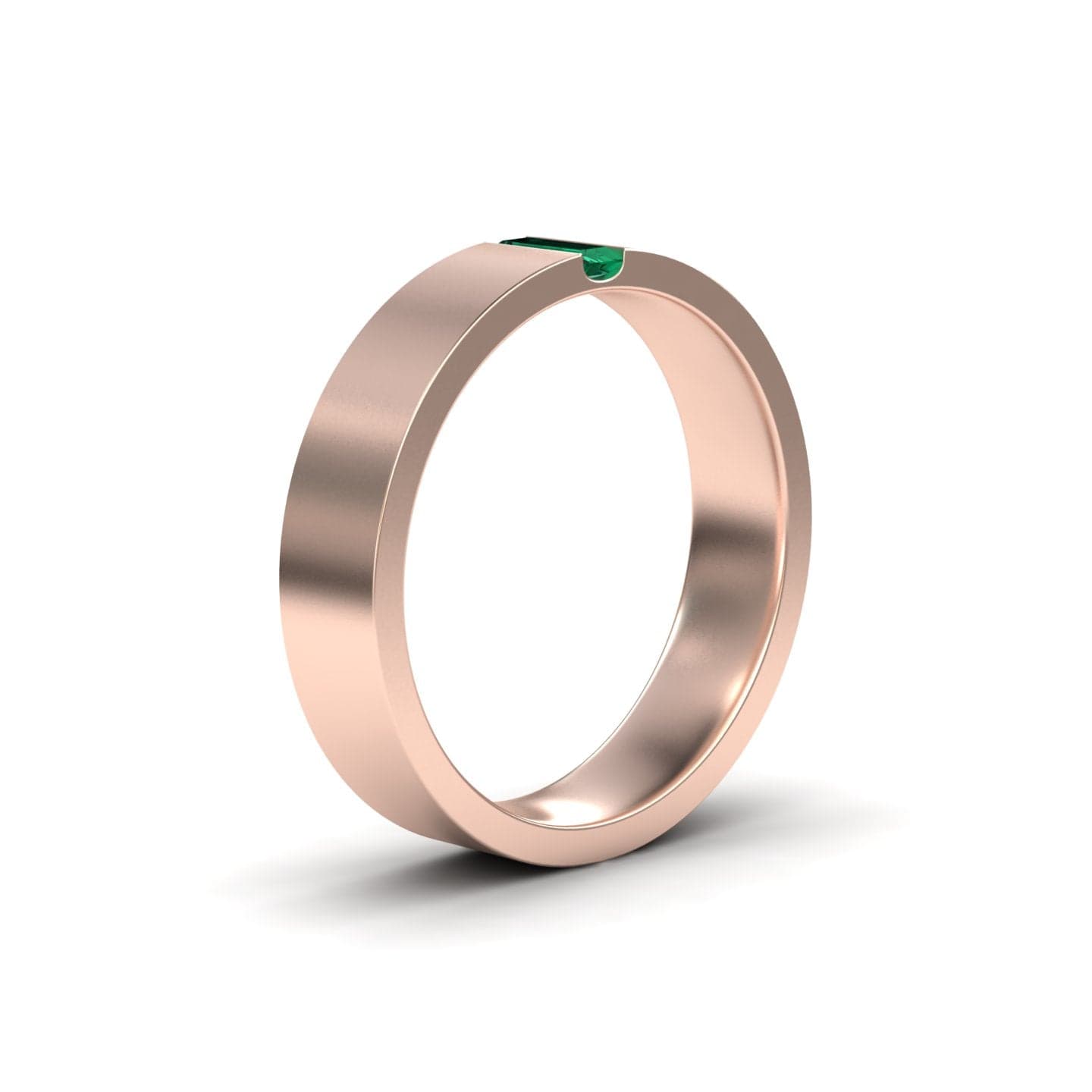 0.04-carat Men's 5.5mm Emerald Wedding Ring in 14K Rose gold, Chase style, side view