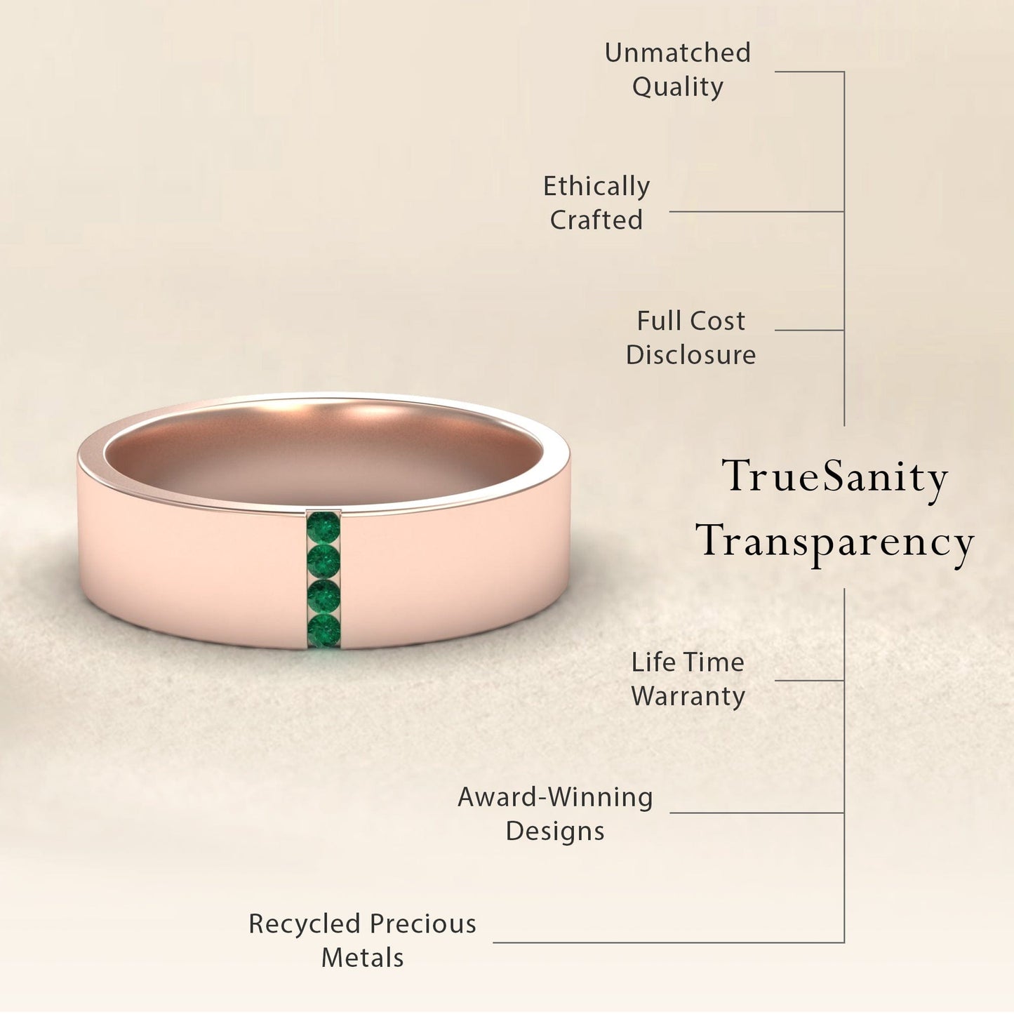 0.04-carat Men's 5.5mm Emerald Wedding Ring in 14K Rose gold, Chase style, transparency view