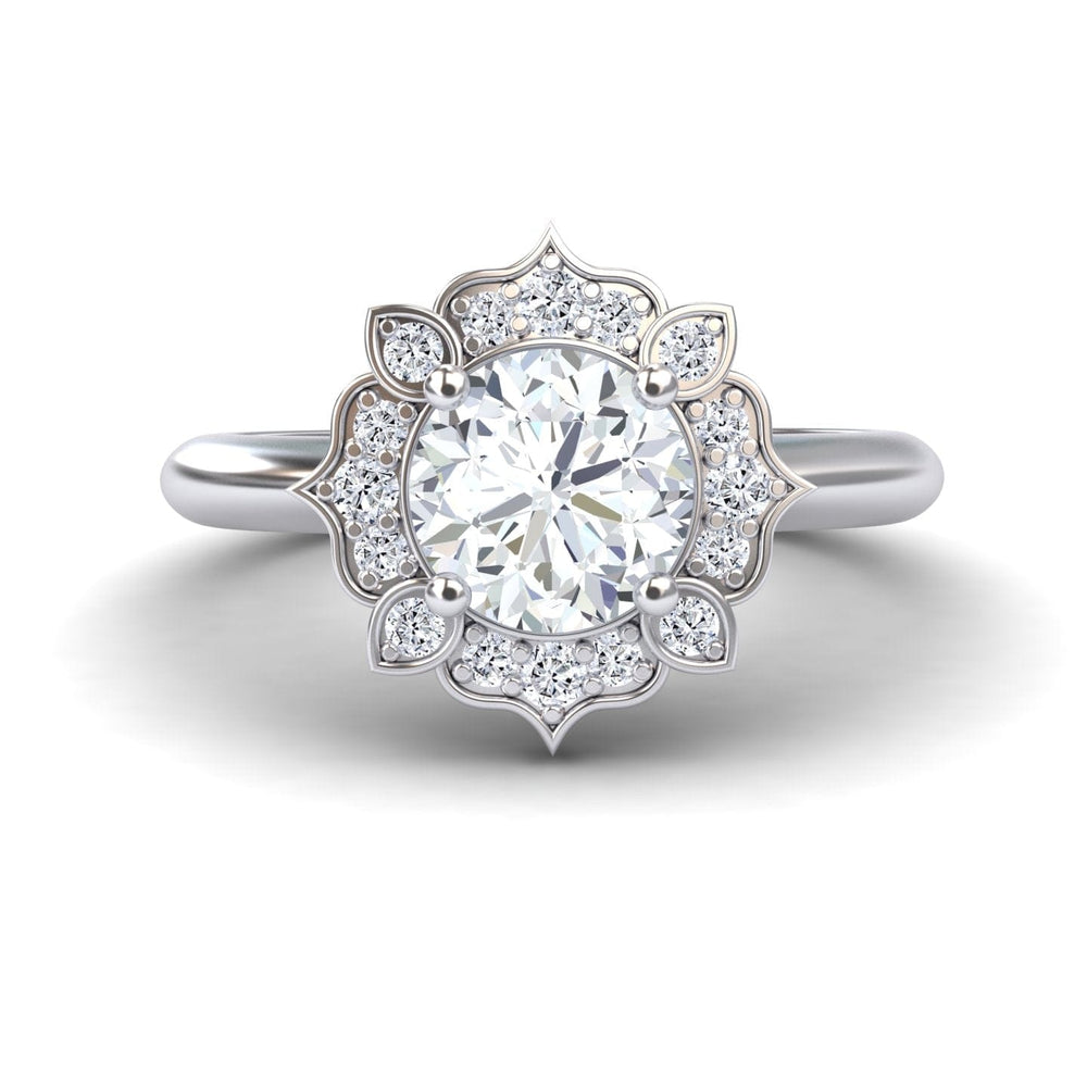 White diamond floral halo milgrain petal-inspired accented engagement ring