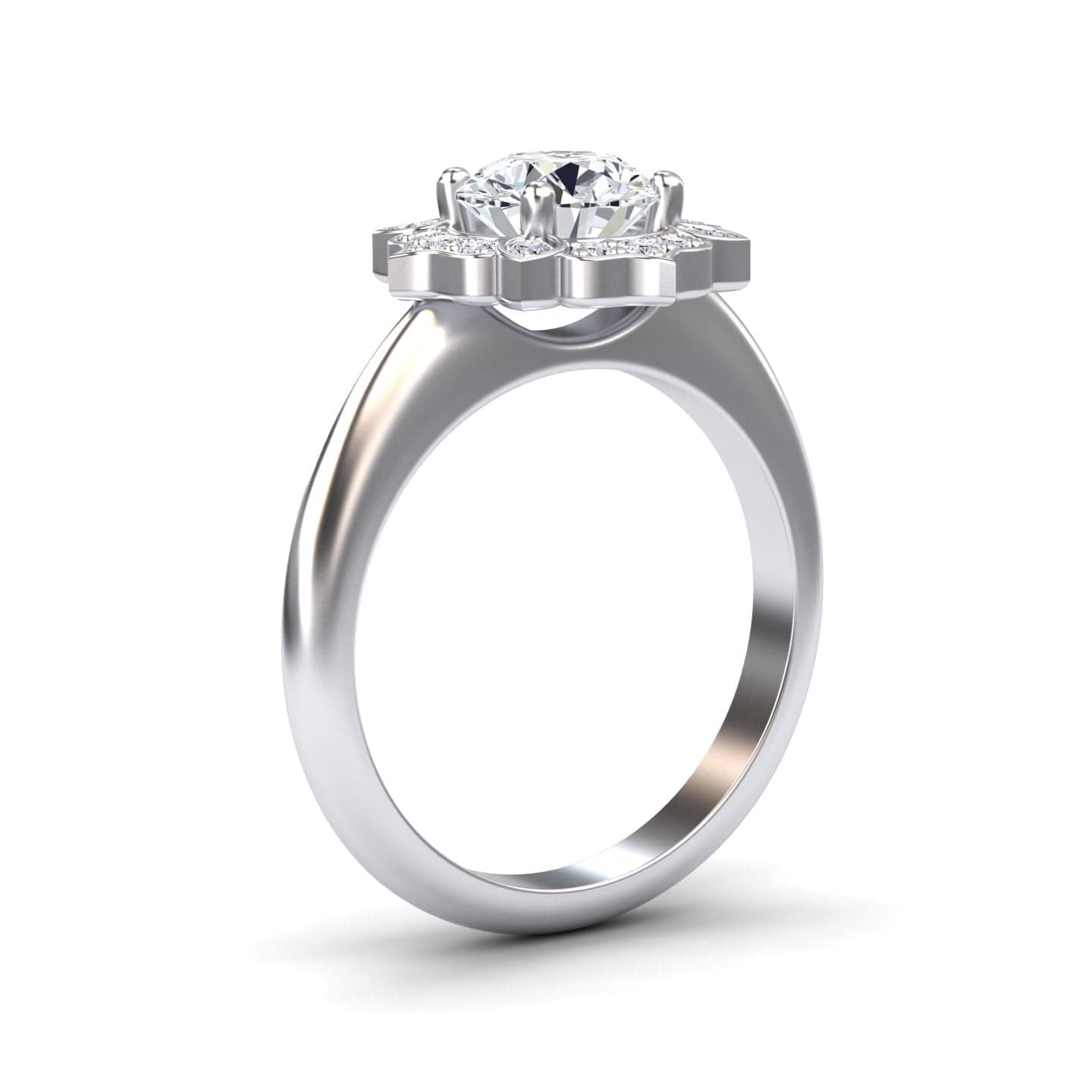 White Diamond Floral Halo Milgrain Petal-Inspired Accented Engagement Ring - Mulan