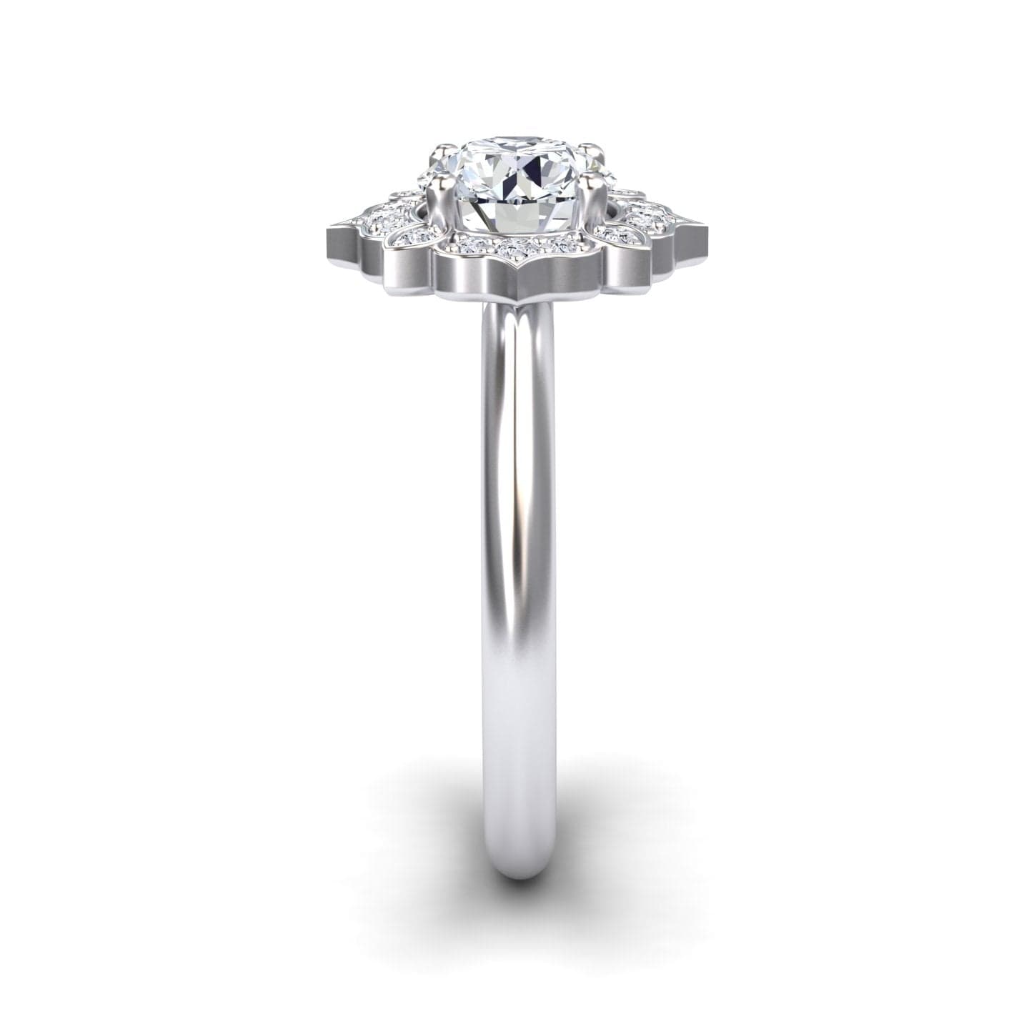 White Diamond Floral Halo Milgrain Petal-Inspired Accented Engagement Ring - Mulan