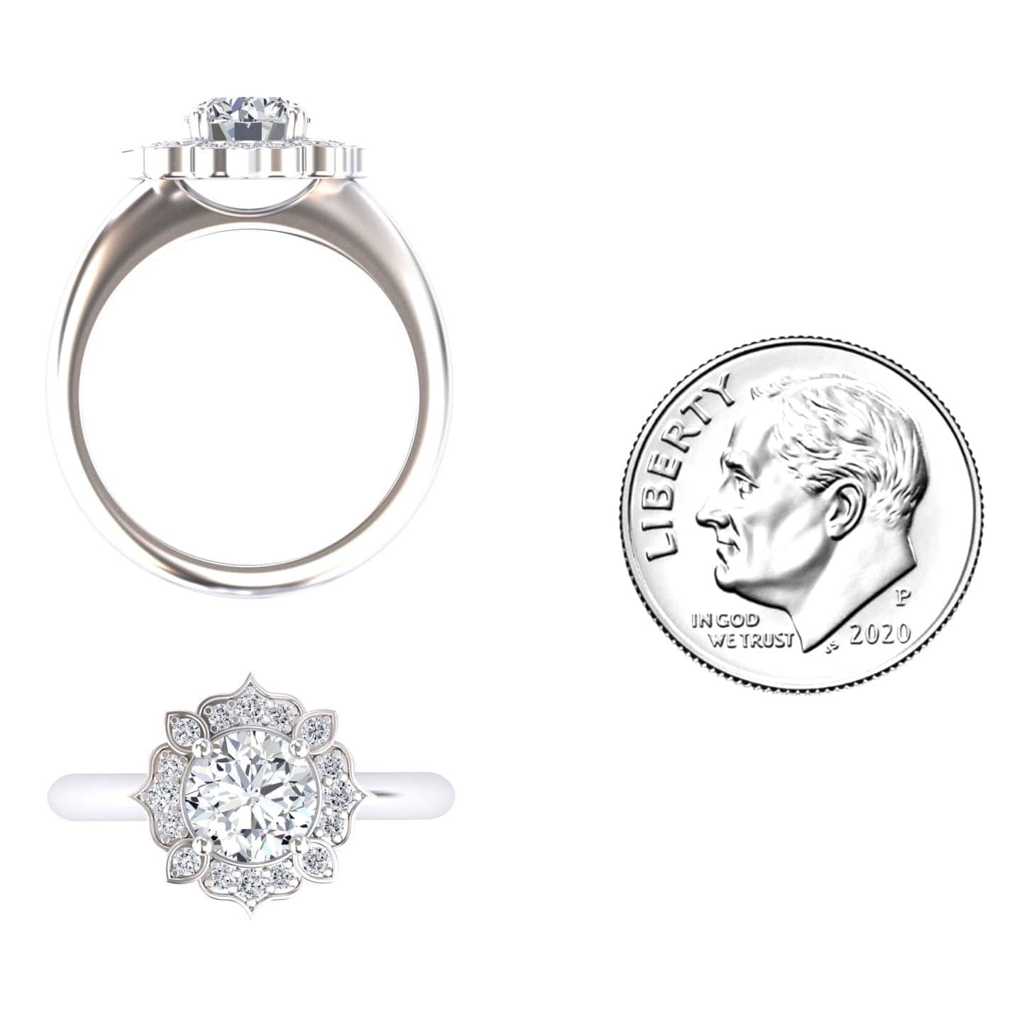 White Diamond Floral Halo Milgrain Petal-Inspired Accented Engagement Ring - Mulan