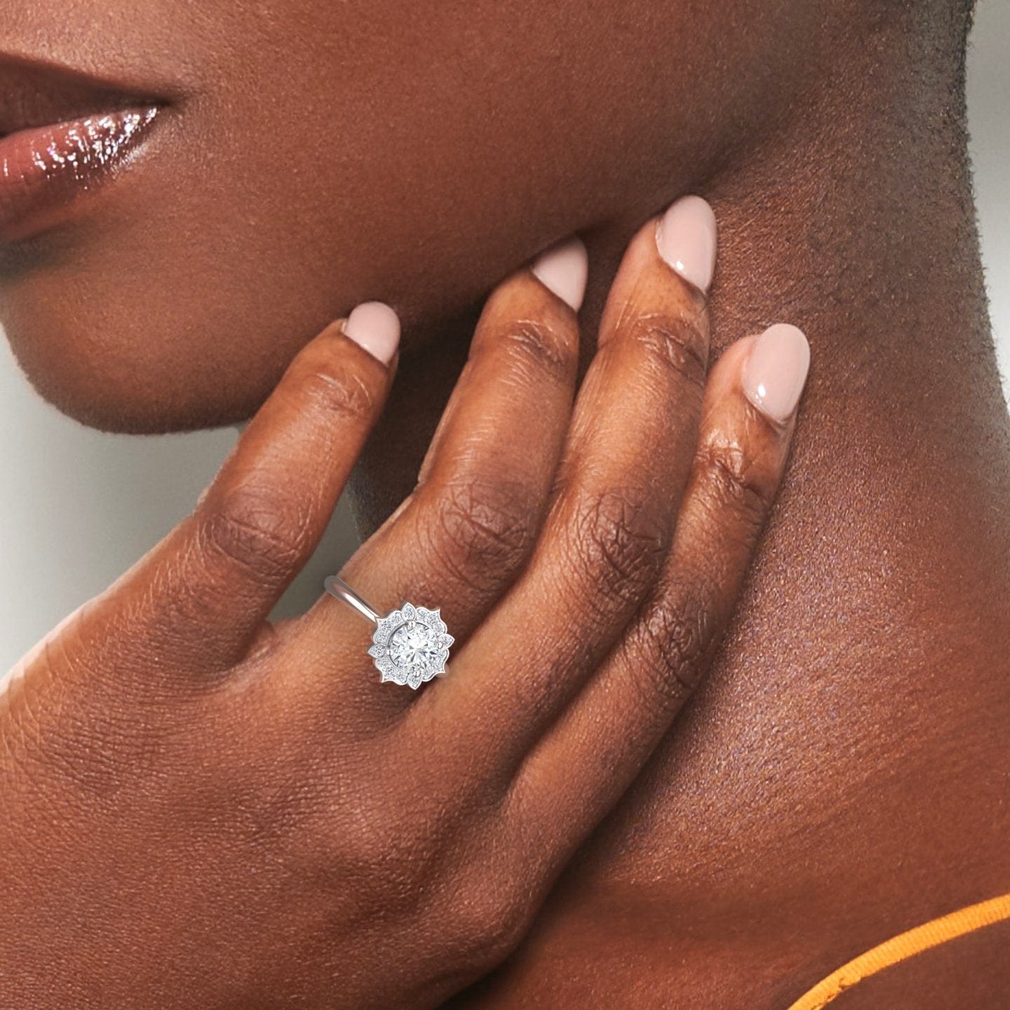 White Diamond Floral Halo Milgrain Petal-Inspired Accented Engagement Ring - Mulan