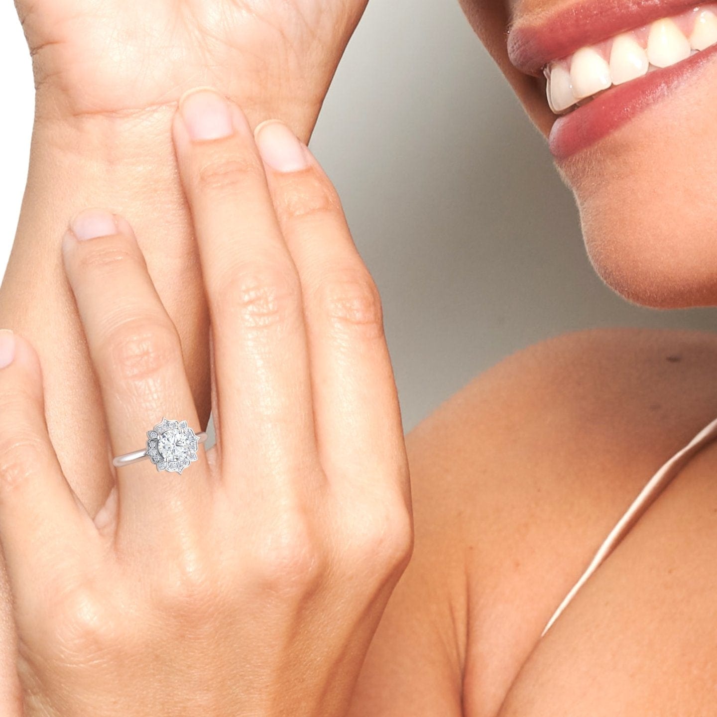 White Diamond Floral Halo Milgrain Petal-Inspired Accented Engagement Ring - Mulan