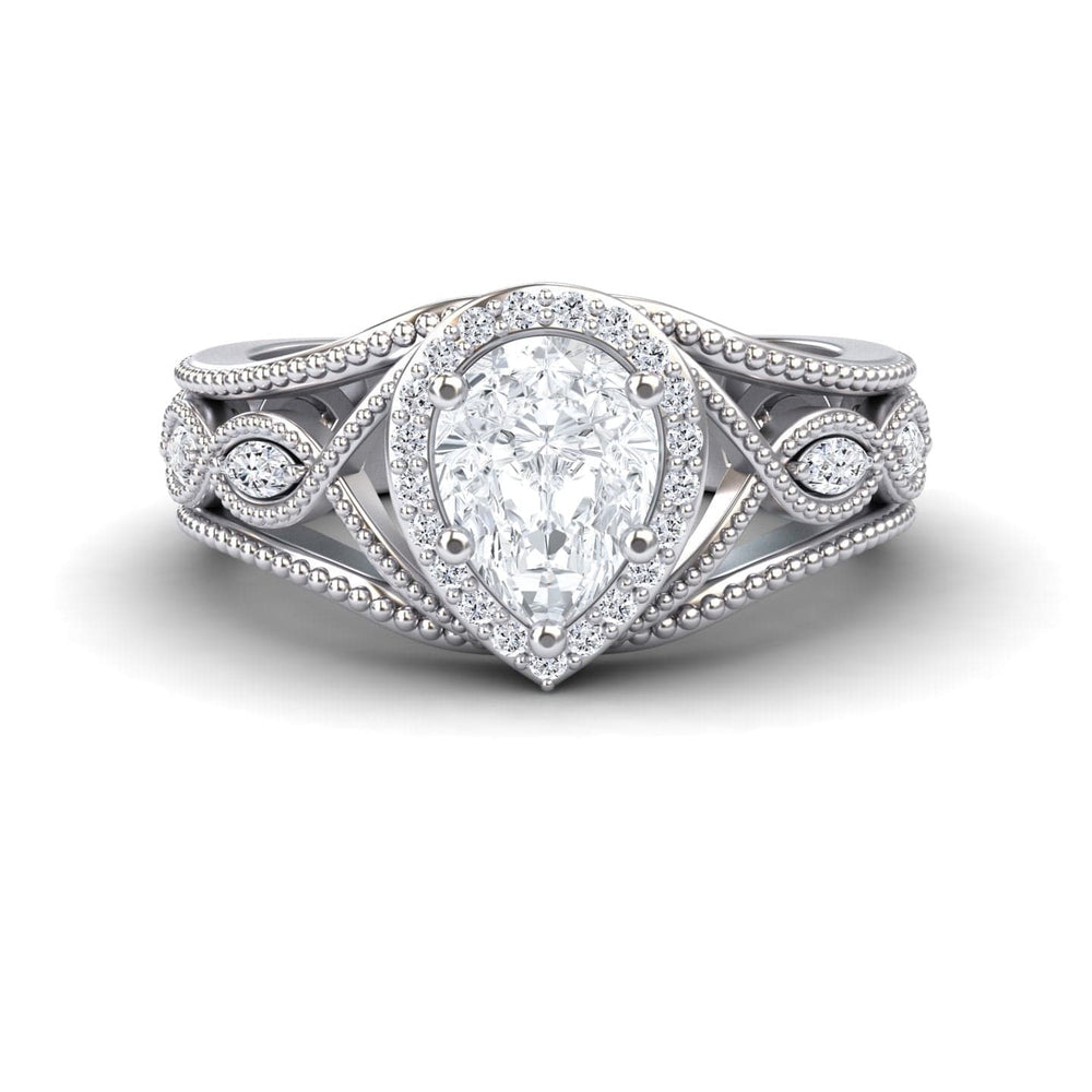White diamond vintage-inspired halo milgrain marquise accented engagement ring