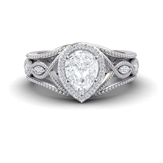 White Diamond Vintage-Inspired Halo Milgrain Marquise Accented Engagement Ring - Angela