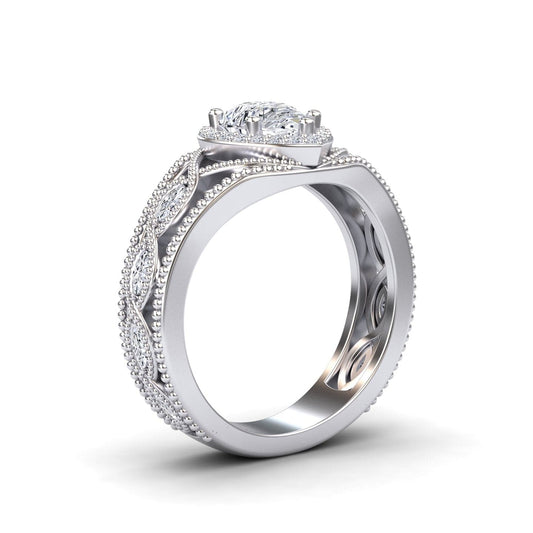 White Diamond Vintage-Inspired Halo Milgrain Marquise Accented Engagement Ring - Angela