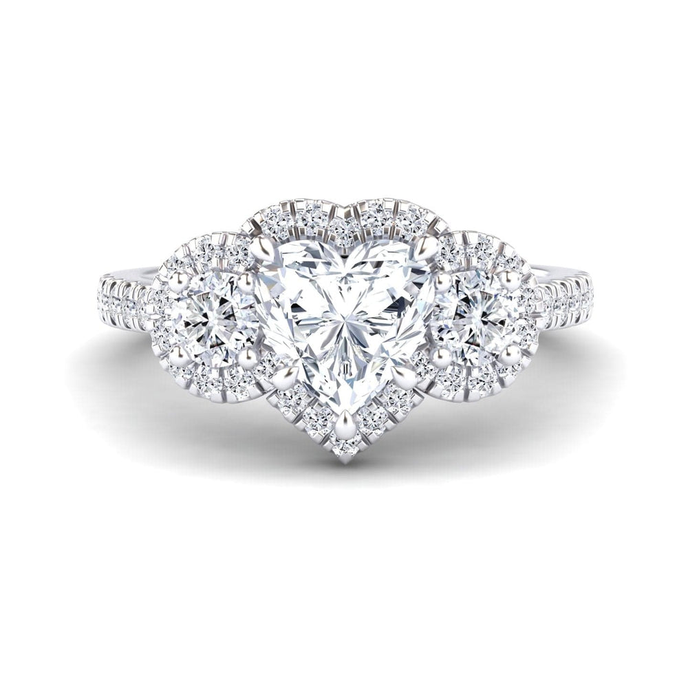 White Diamond Pave Band Three Stone Halo Engagement Ring