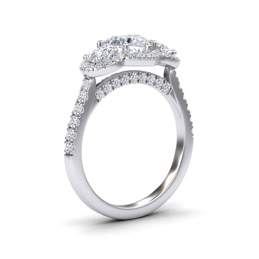 White Diamond Pave Band Three Stone Halo Engagement Ring - Yiran