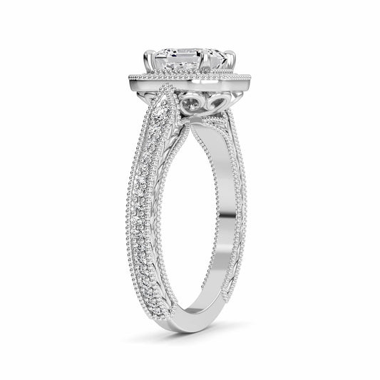 White Diamond Vintage Milgrain Halo Engagement Ring - Fallon
