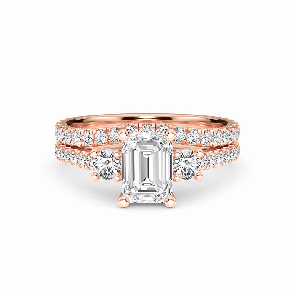 White Diamond Pave Bridal Set Three Stone Engagement Ring