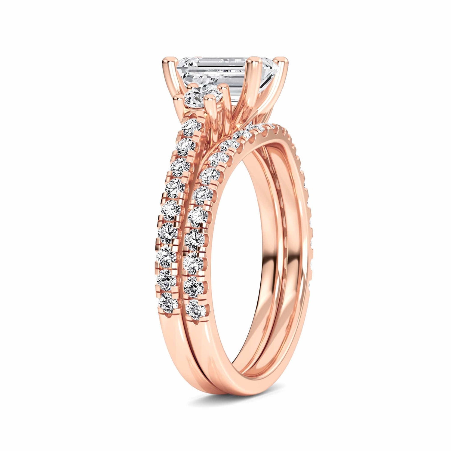 White Diamond Pave Bridal Set Three Stone Engagement Ring - Melissa