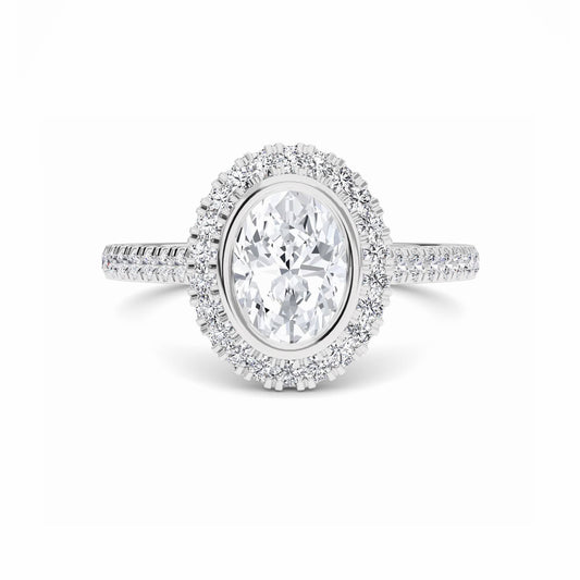 White Diamond Elegant Bezel-Set Pave Halo Engagement Ring - Vedika