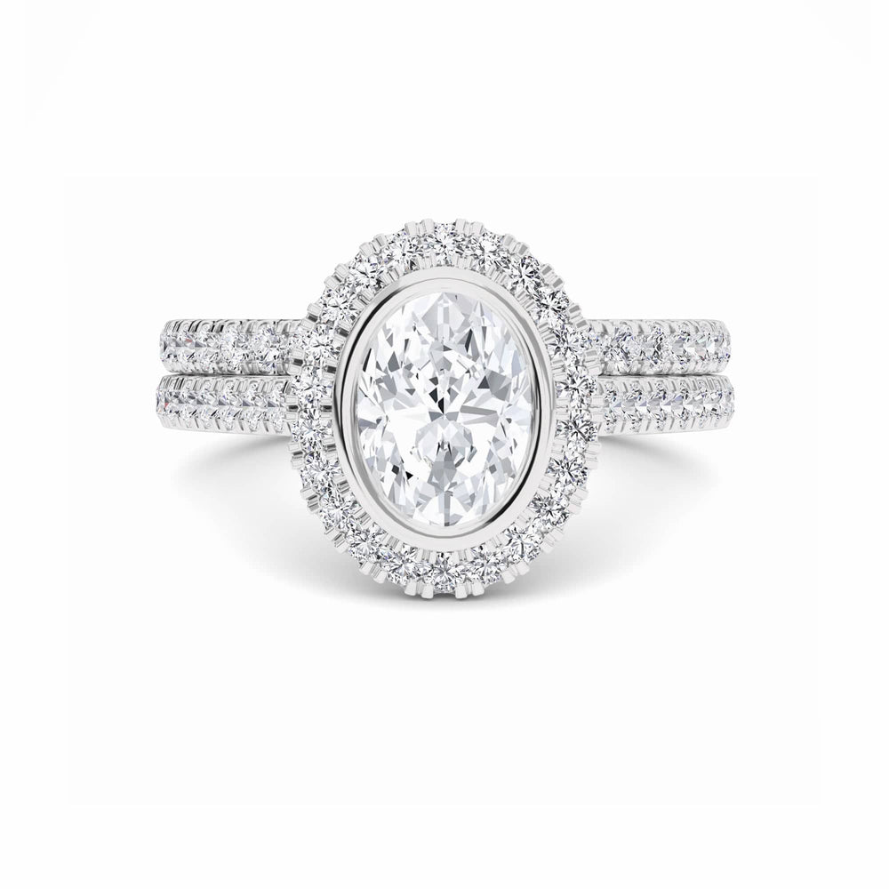 White Diamond Bezel Halo Bridal Ring Set Engagement Ring