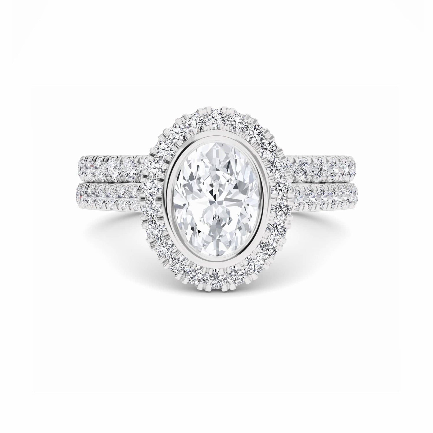 White Diamond Bezel Halo Bridal Ring Set Engagement Ring - Michaela
