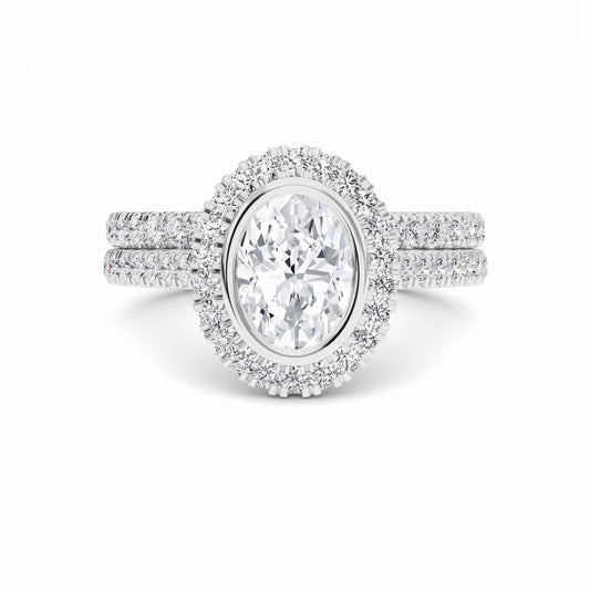 White Diamond Bezel Halo Bridal Ring Set Engagement Ring - Michaela
