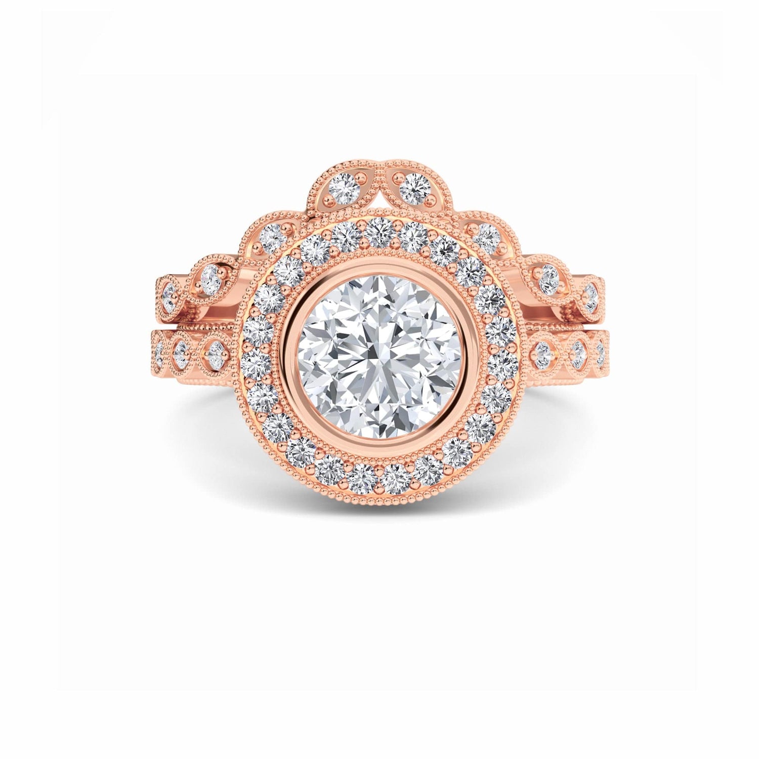 White Diamond Vintage Halo Bridal Set Engagement Ring - Joanna