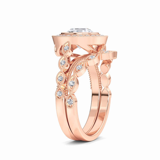 White Diamond Vintage Halo Bridal Set Engagement Ring - Joanna