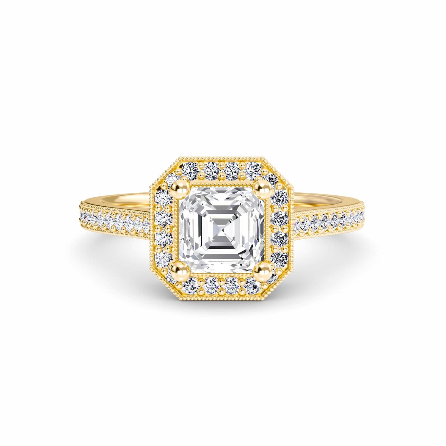 White Diamond Halo Vintage Milgrain Engagement Ring - Celine