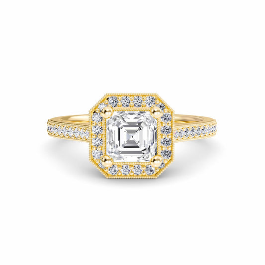 White Diamond Halo Vintage Milgrain Engagement Ring - Celine