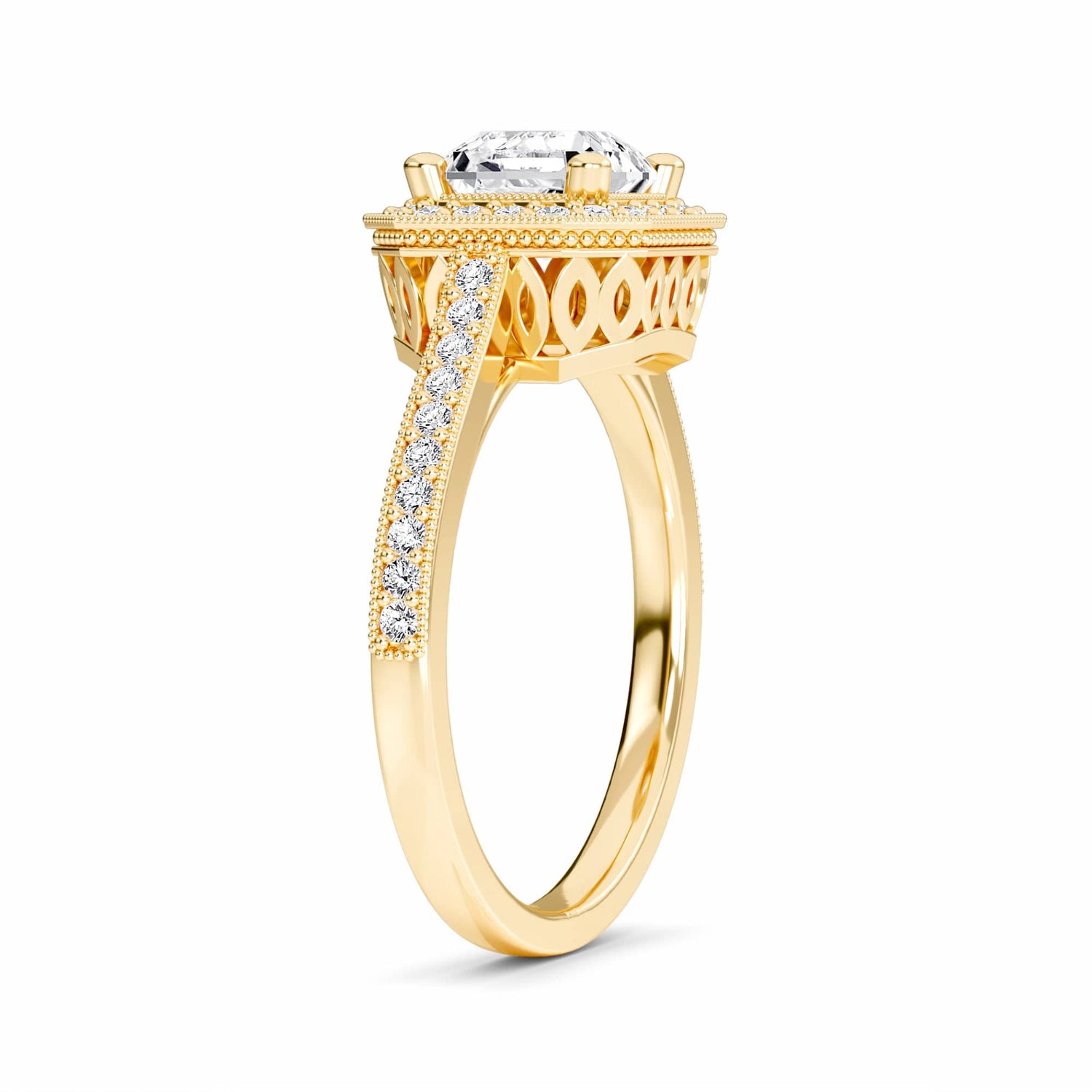 White Diamond Halo Vintage Milgrain Engagement Ring - Celine