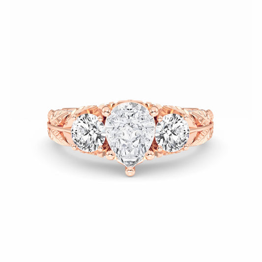 White Diamond Three-Stone Vintage Engraved Engagement Ring - Anneliese