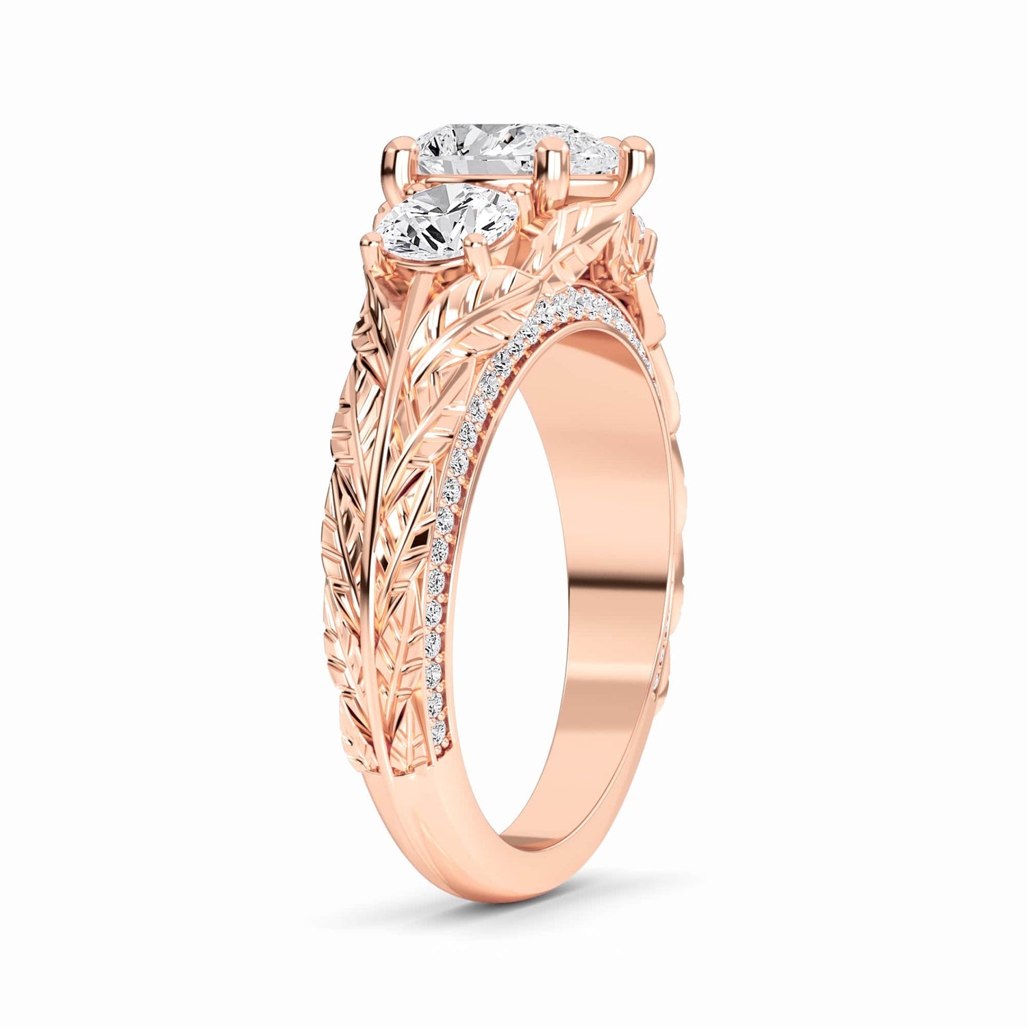 White Diamond Three-Stone Vintage Engraved Engagement Ring - Anneliese