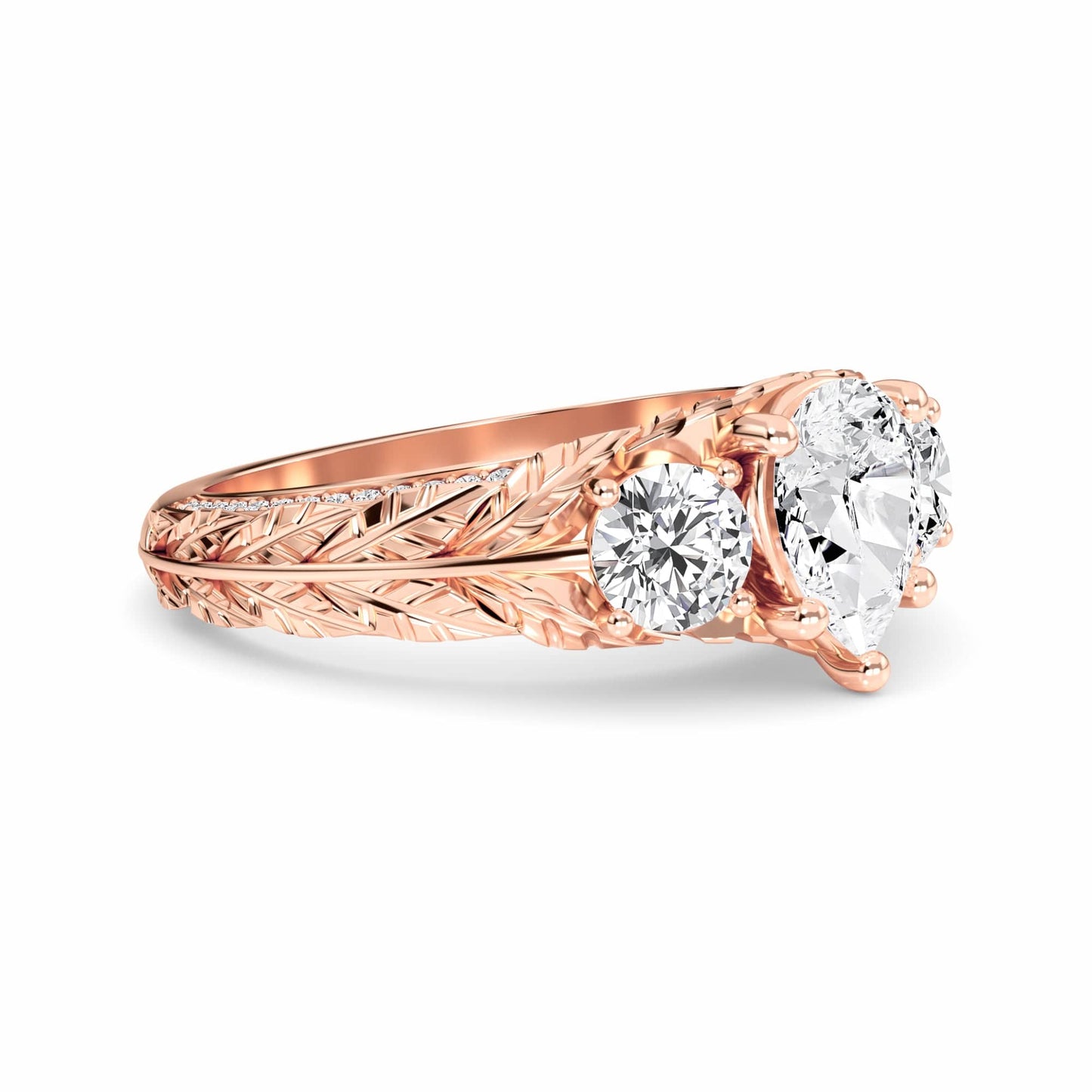 White Diamond Three-Stone Vintage Engraved Engagement Ring - Anneliese