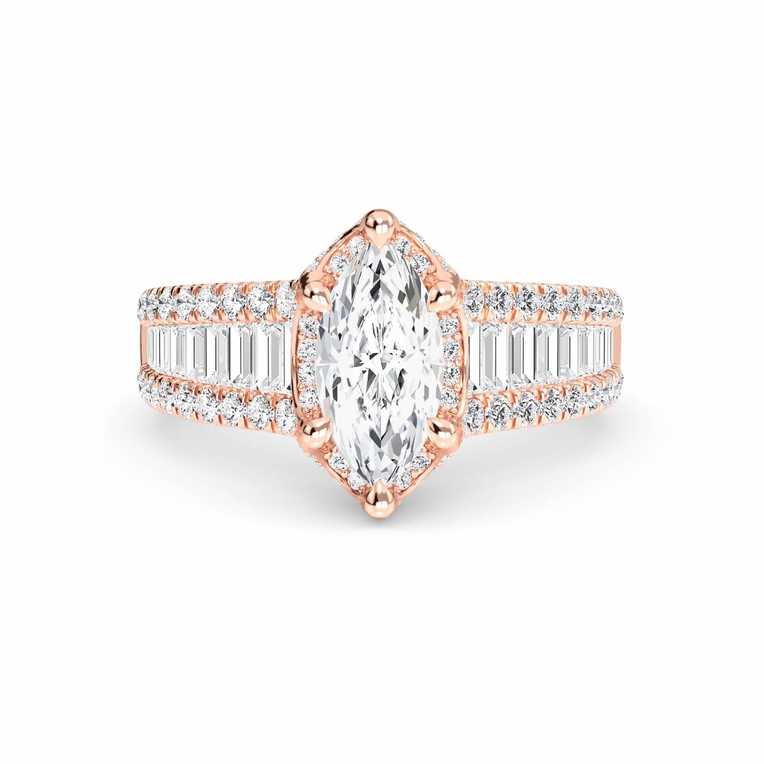 White Diamond Baguette Bar Accents Halo Engagement Ring - Sabine