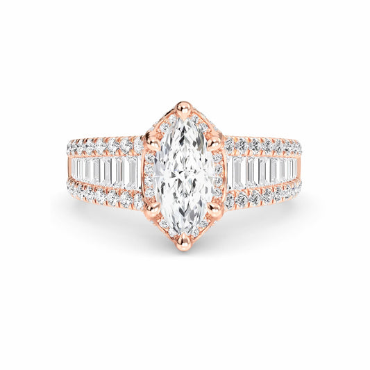 White Diamond Baguette Bar Accents Halo Engagement Ring - Sabine