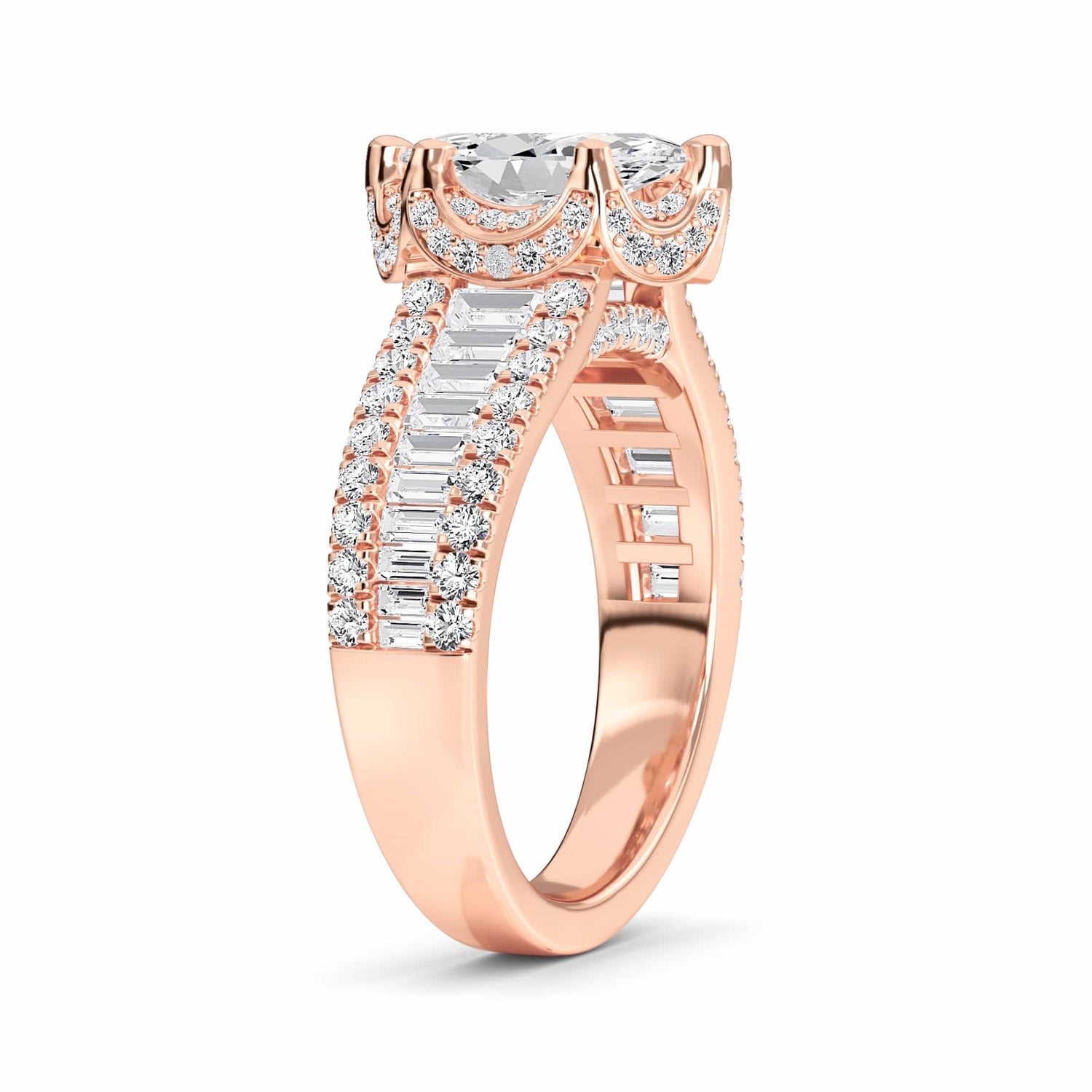 White Diamond Baguette Bar Accents Halo Engagement Ring - Sabine