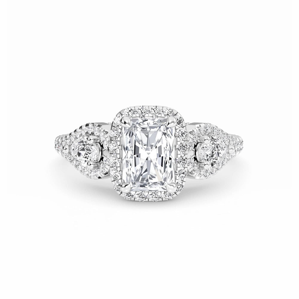 White Diamond Three-Stone Halo Engagement Ring
