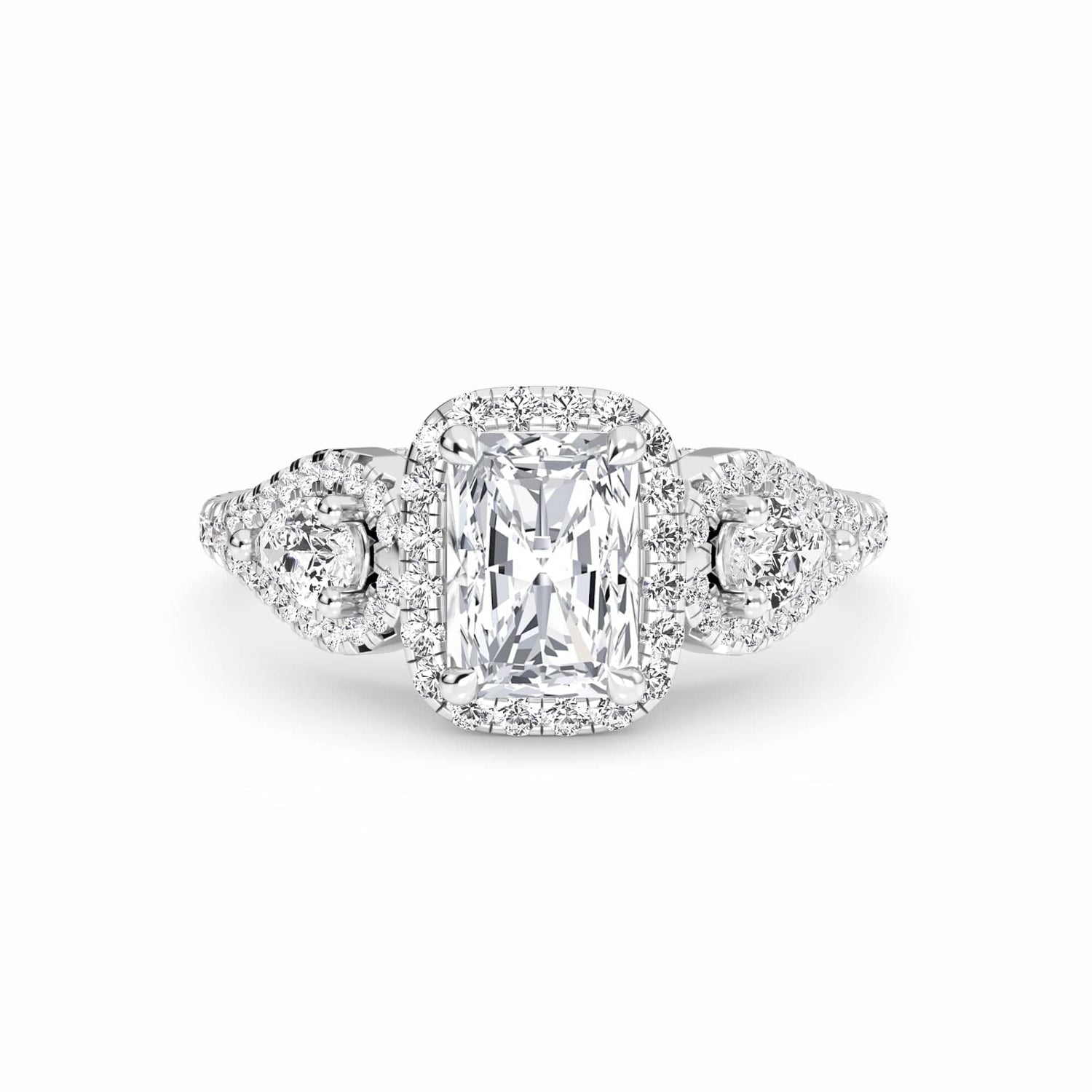 White Diamond Three-Stone Halo Engagement Ring - Hadleigh