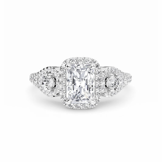 White Diamond Three-Stone Halo Engagement Ring - Hadleigh