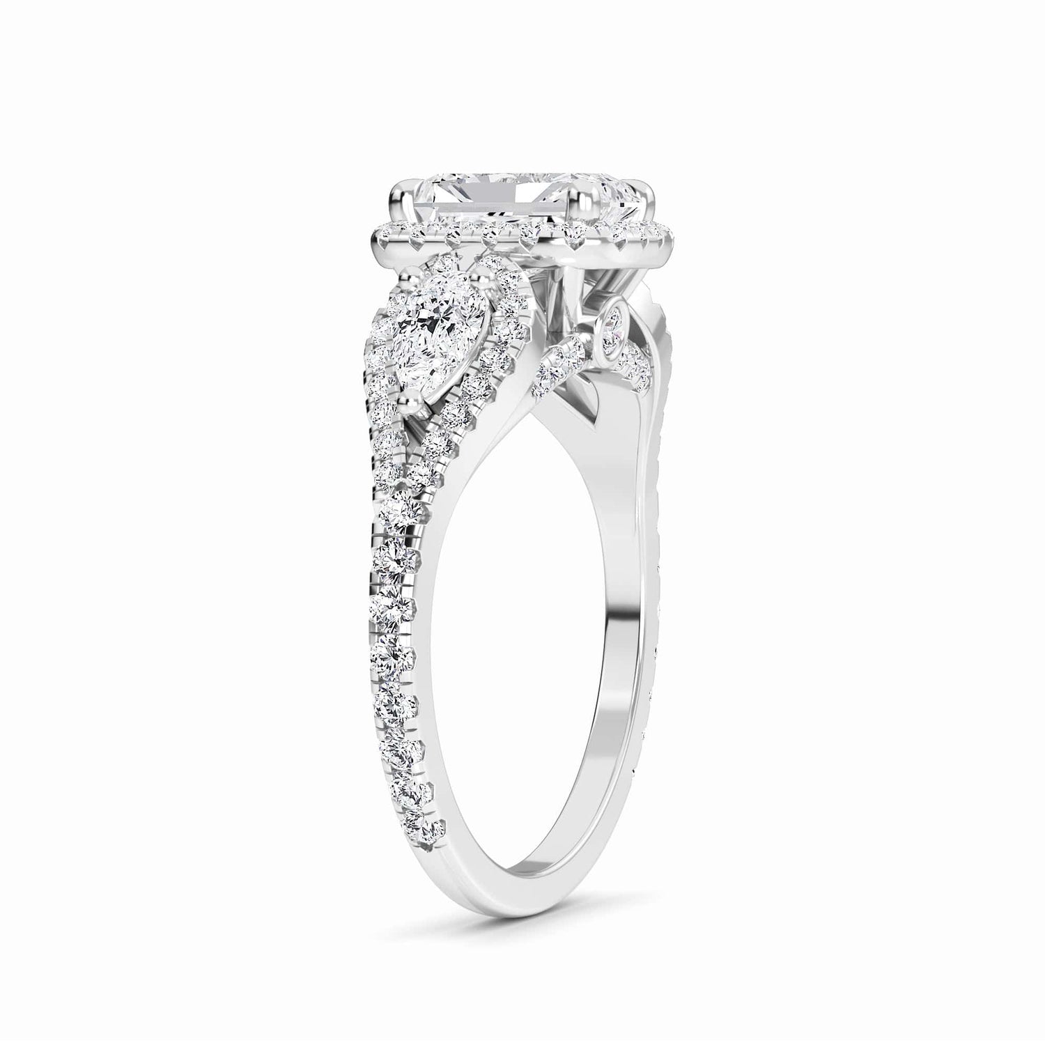 White Diamond Three-Stone Halo Engagement Ring - Hadleigh