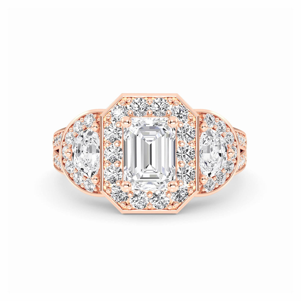 White Diamond Three-Stone Halo Engagement Ring