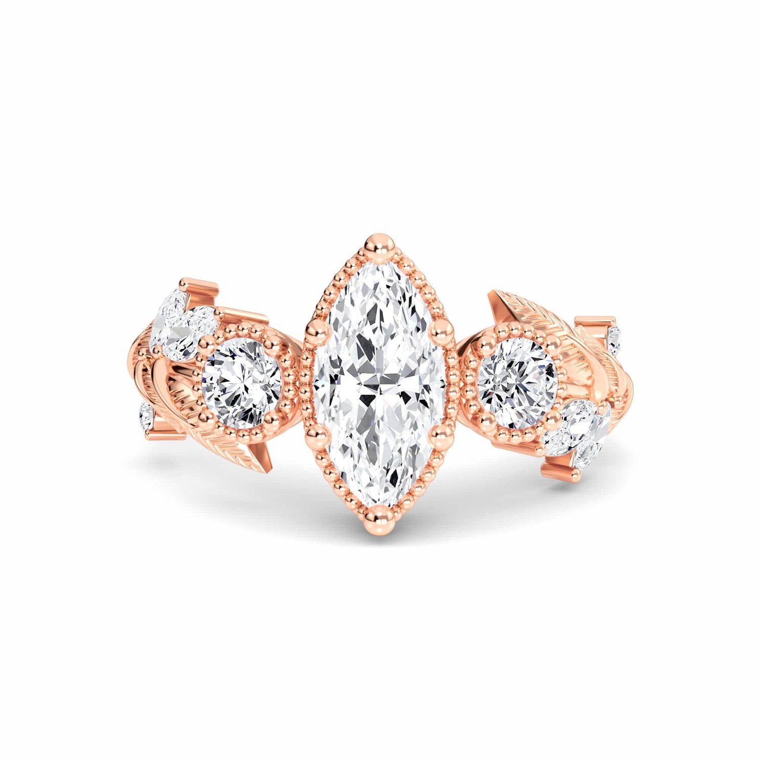 White Diamond Leaf Scroll Celestia Vintage Three-Stone Engagement Ring - Katherine