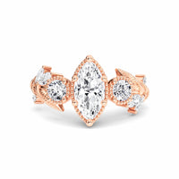 White Diamond Leaf Scroll Celestia Vintage Three-Stone Engagement Ring - Katherine