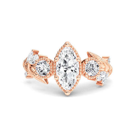 White Diamond Leaf Scroll Celestia Vintage Three-Stone Engagement Ring - Katherine
