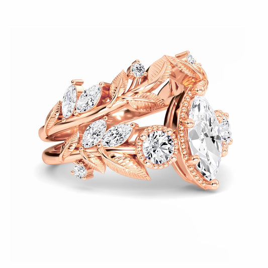 White Diamond Leaf Scroll Celestia Three-Stone Bridal Engagement Ring - Yanxia