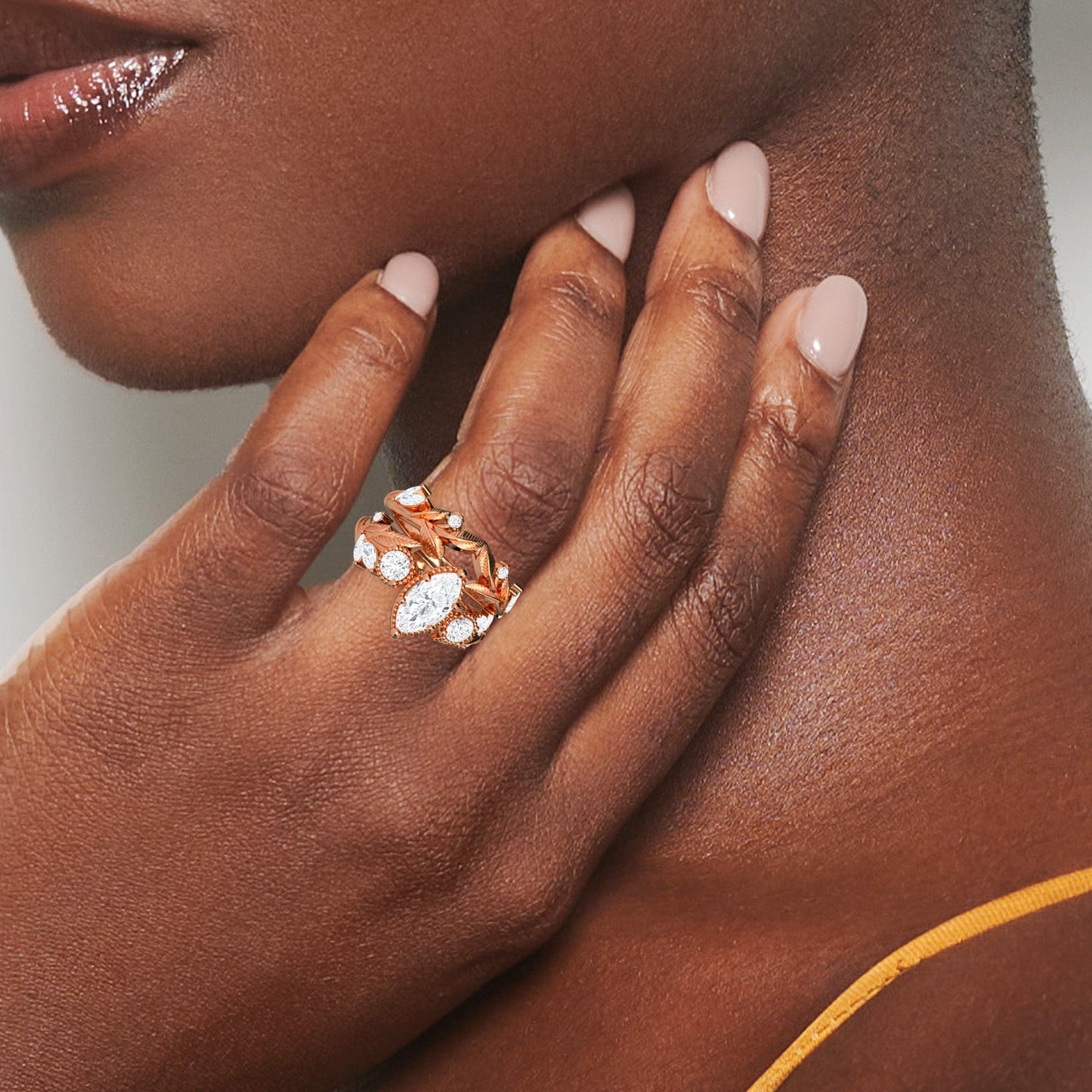 White Diamond Leaf Scroll Celestia Three-Stone Bridal Engagement Ring - Yanxia
