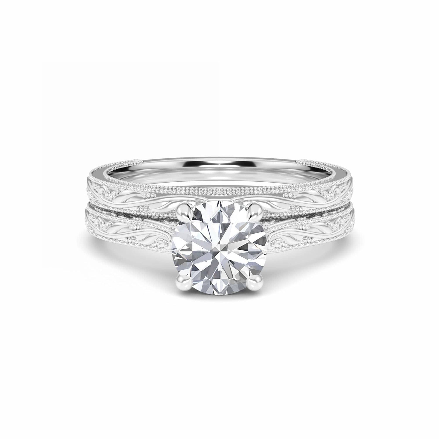 White Diamond Delicate Vine-Inspired Bridal Set Engagement Ring - Adelaide