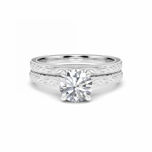 White Diamond Delicate Vine-Inspired Bridal Set Engagement Ring - Adelaide