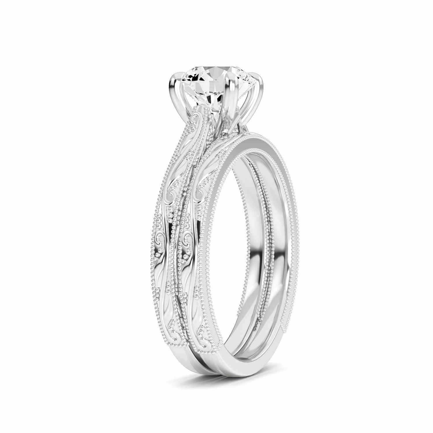 White Diamond Delicate Vine-Inspired Bridal Set Engagement Ring - Adelaide